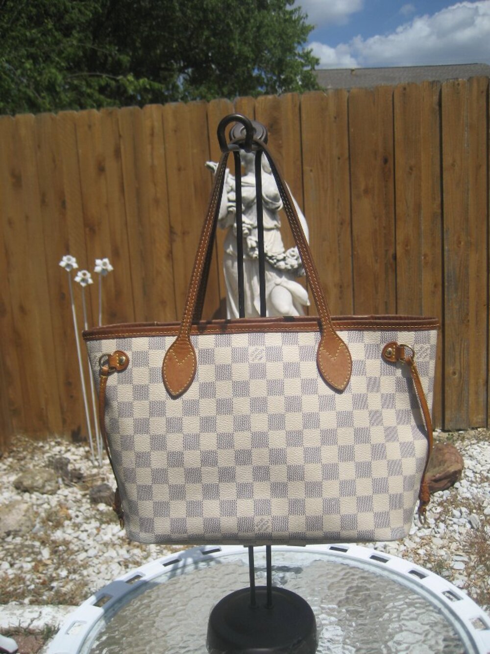 LOUIS VUITTON DAMIER AZUR WHITE NEVER FULL PM COATED TOTE SHOULDER BAG PURSE
